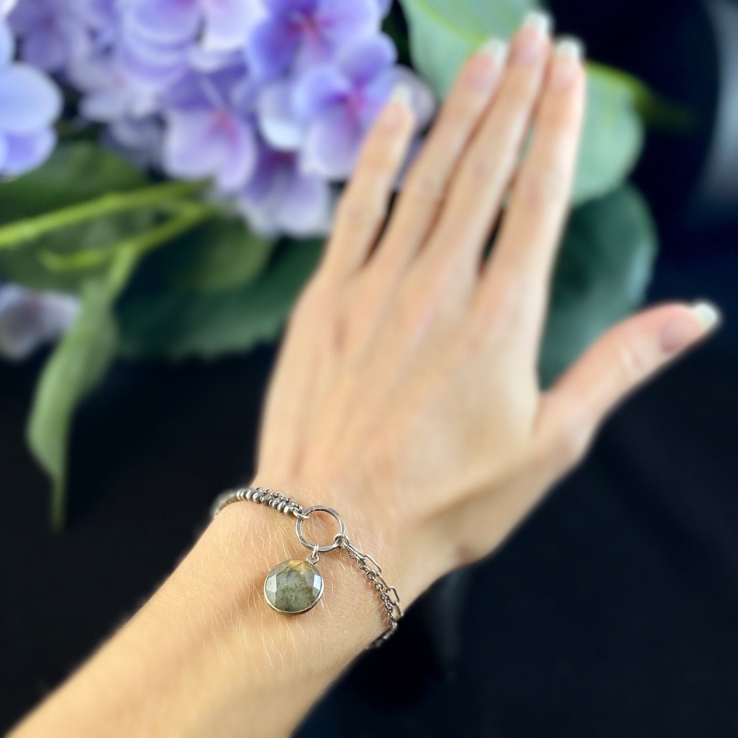 Handmade Chain Link Beaded Bracelet with Labradorite, Made in USA