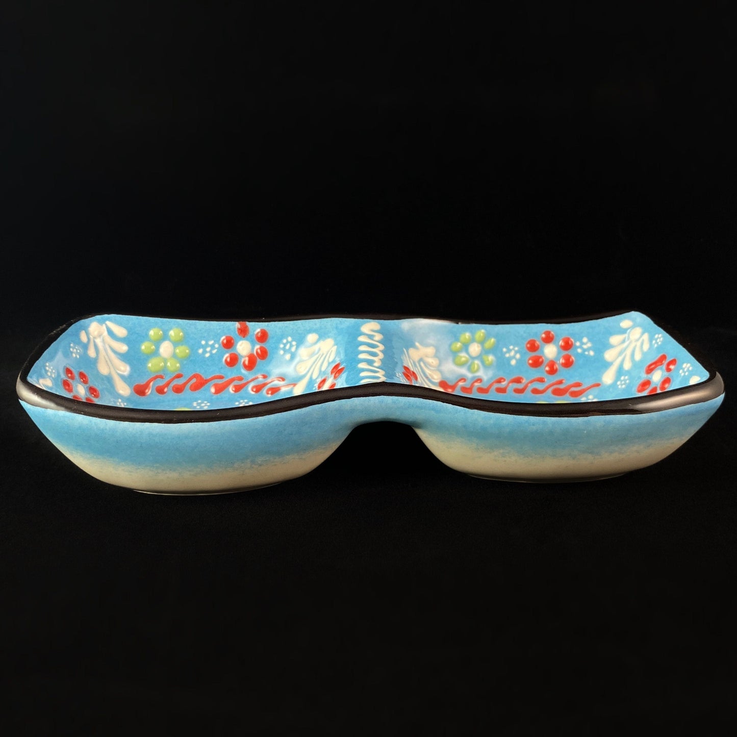 Handmade Double Sided Dip/Snack Tray, Functional and Decorative Turkish Pottery, Cottagecore Style, Light Blue