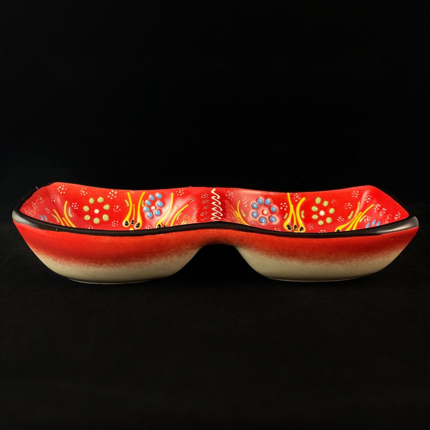 Handmade Double Sided Dip/Snack Tray, Functional and Decorative Turkish Pottery, Cottagecore Style, Red