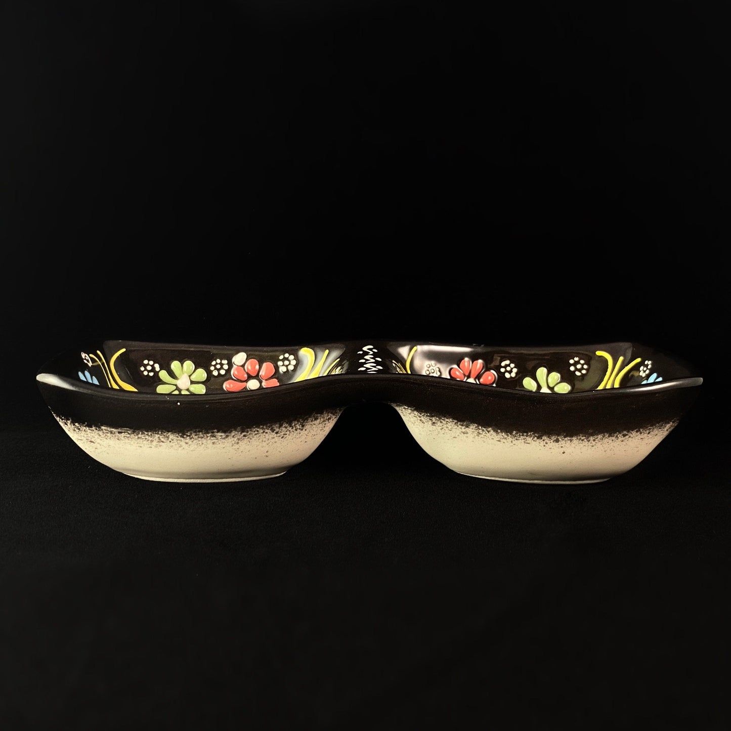 Handmade Double Sided Dip/Snack Tray, Functional and Decorative Turkish Pottery, Cottagecore Style, Black