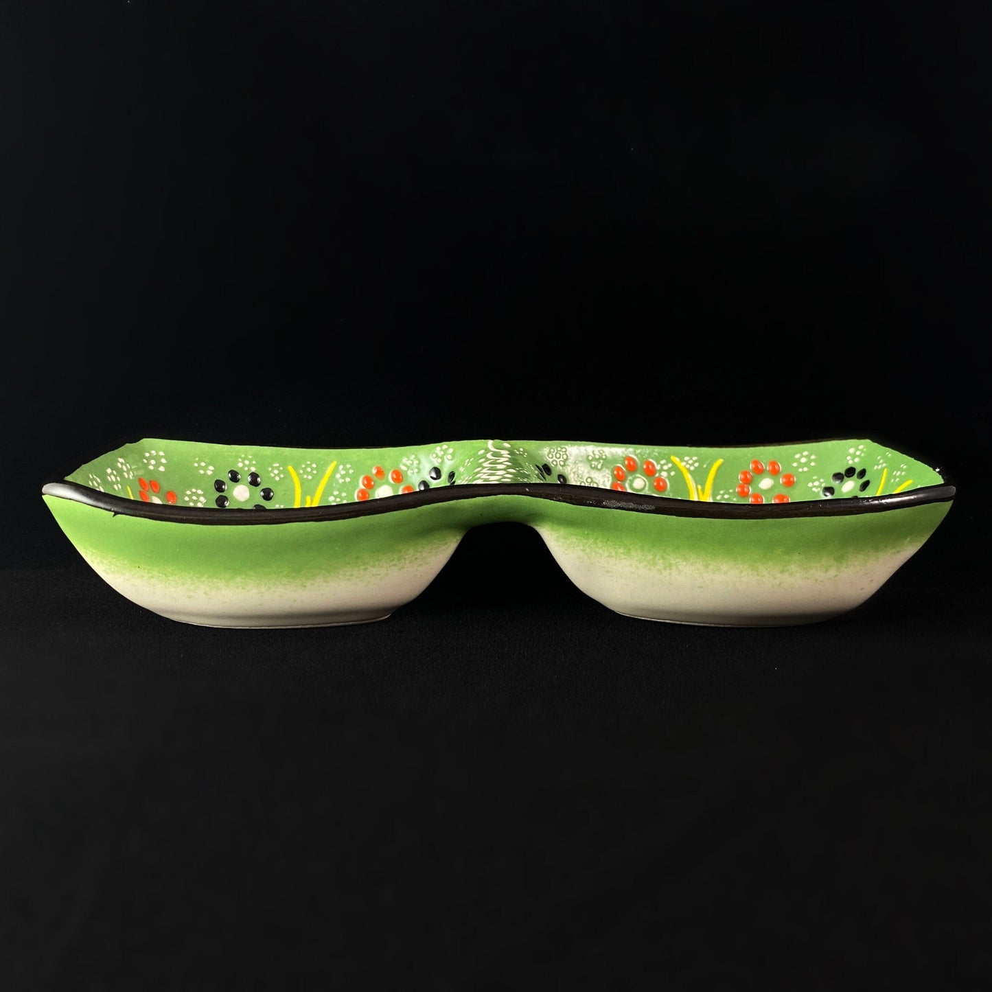 Handmade Double Sided Dip/Snack Tray, Functional and Decorative Turkish Pottery, Cottagecore Style, Green