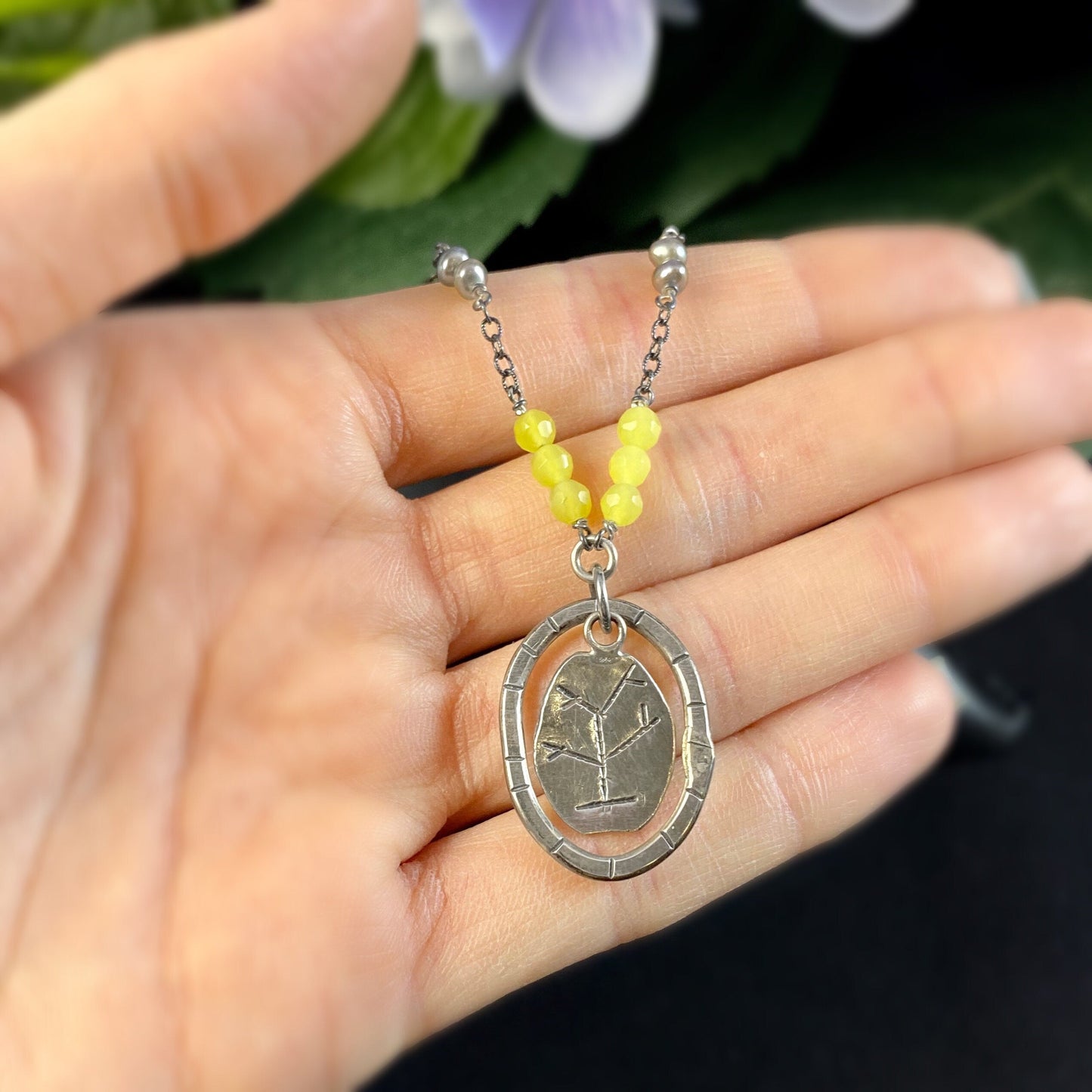 Handmade Etched Oval Pendant Necklace with Yellow Beads, Made in USA