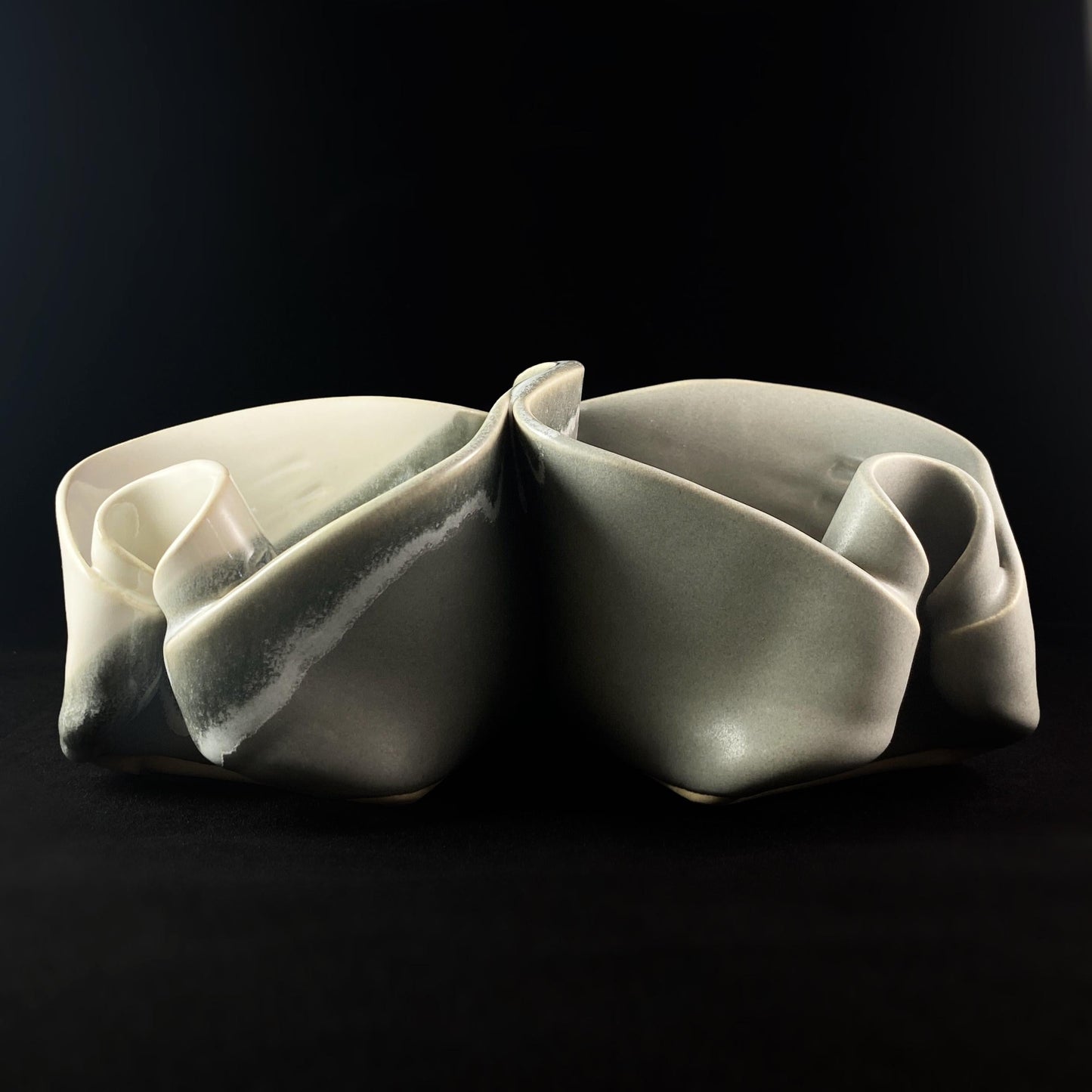 Handmade Gray and White Double Sided Pistachio Bowl with Serving Spoon, Functional and Decorative Pottery