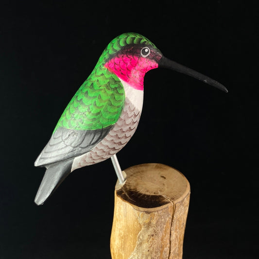 Handmade, Hand-painted Wooden Hummingbird on a Perch