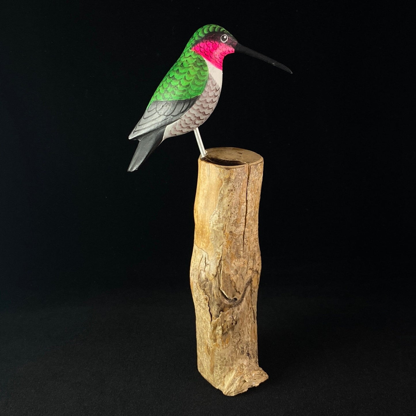 Handmade, Hand-painted Wooden Hummingbird on a Perch