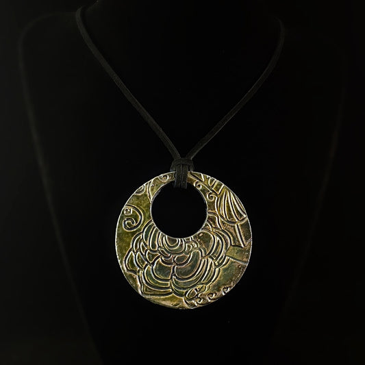 Handmade Large Ceramic Medallion Necklace #3, Raku Art Pottery