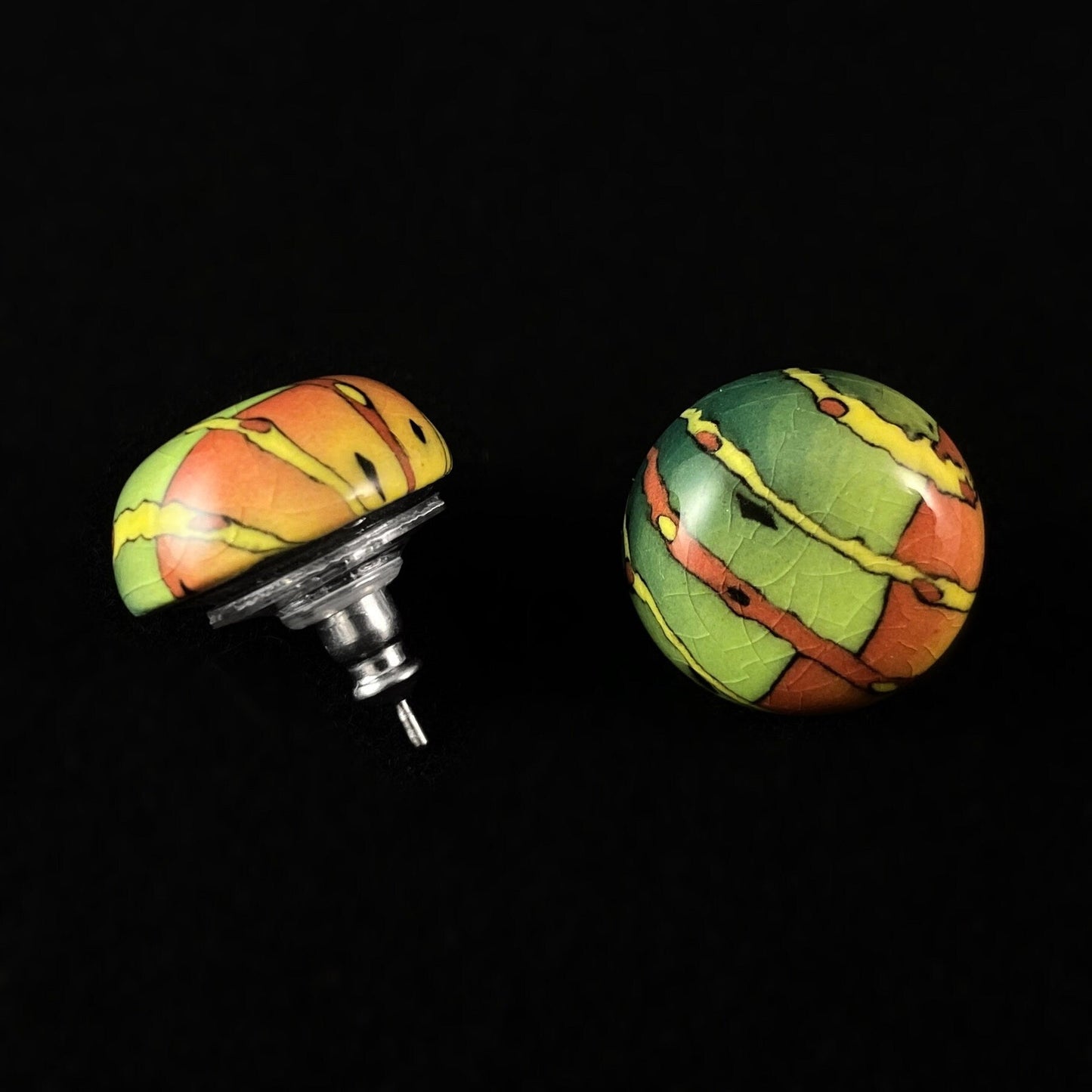 Handmade Millefiori Porcelain Forest Button Earrings, Handmade - Blue Studio