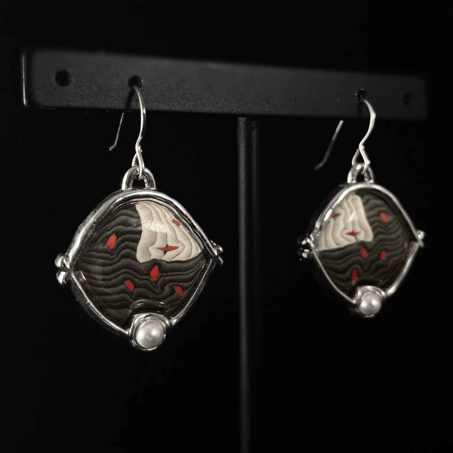 Handmade Millefiori Porcelain Red Specks Drop Earrings, Handmade - Blue Studio