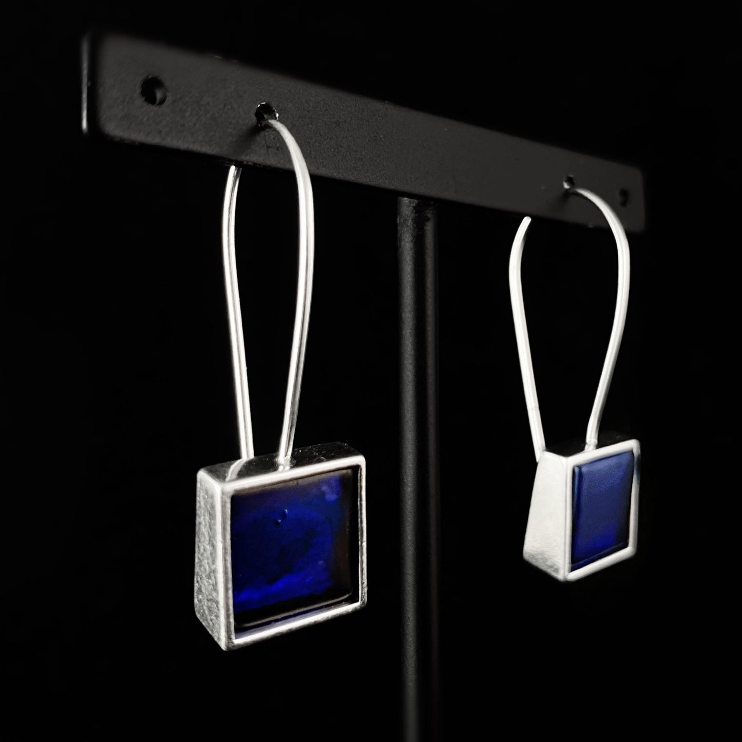 Handmade Resin and Shell Blue Square Earrings, Hypoallergenic - Origin