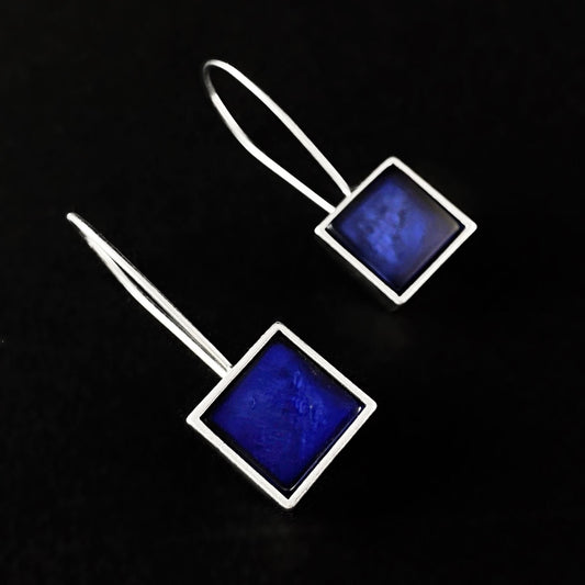 Handmade Resin and Shell Blue Square Earrings, Hypoallergenic - Origin