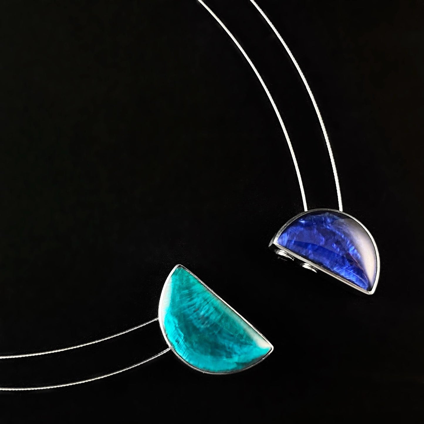 Handmade Resin and Shell Duo Tone Turquoise/Sapphire Half Moons Front Magnetic Clasp Pendant Necklace, Hypoallergenic - Origin