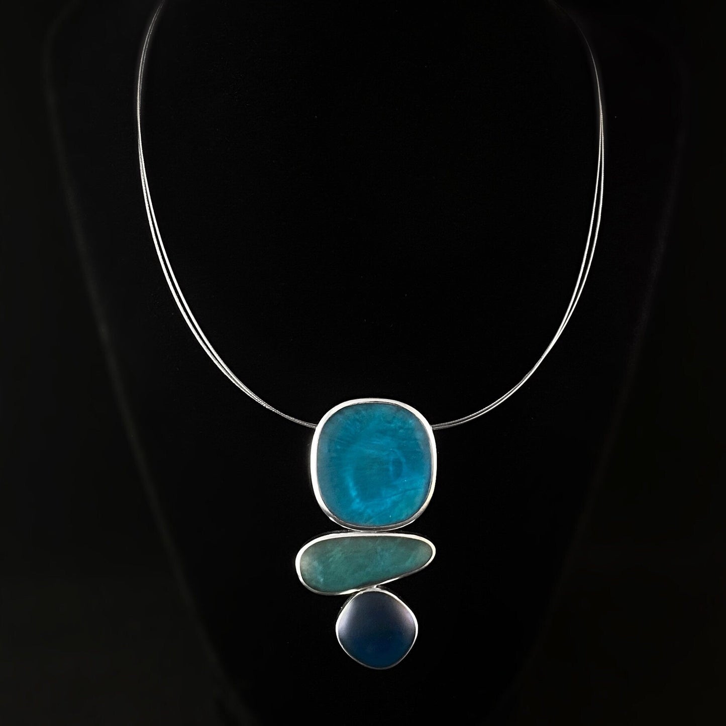 Handmade Resin and Shell Three Tone Sea Blue Stacked Pendant Necklace, Hypoallergenic - Origin