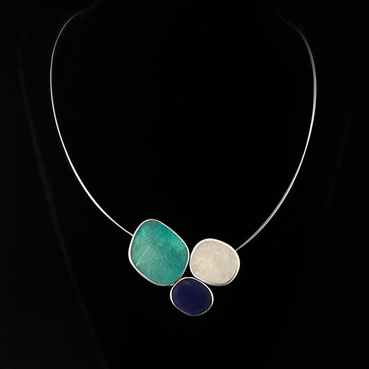 Handmade Resin and Shell Three Tone Turquoise/White/Blue Pendant Necklace, Hypoallergenic - Origin