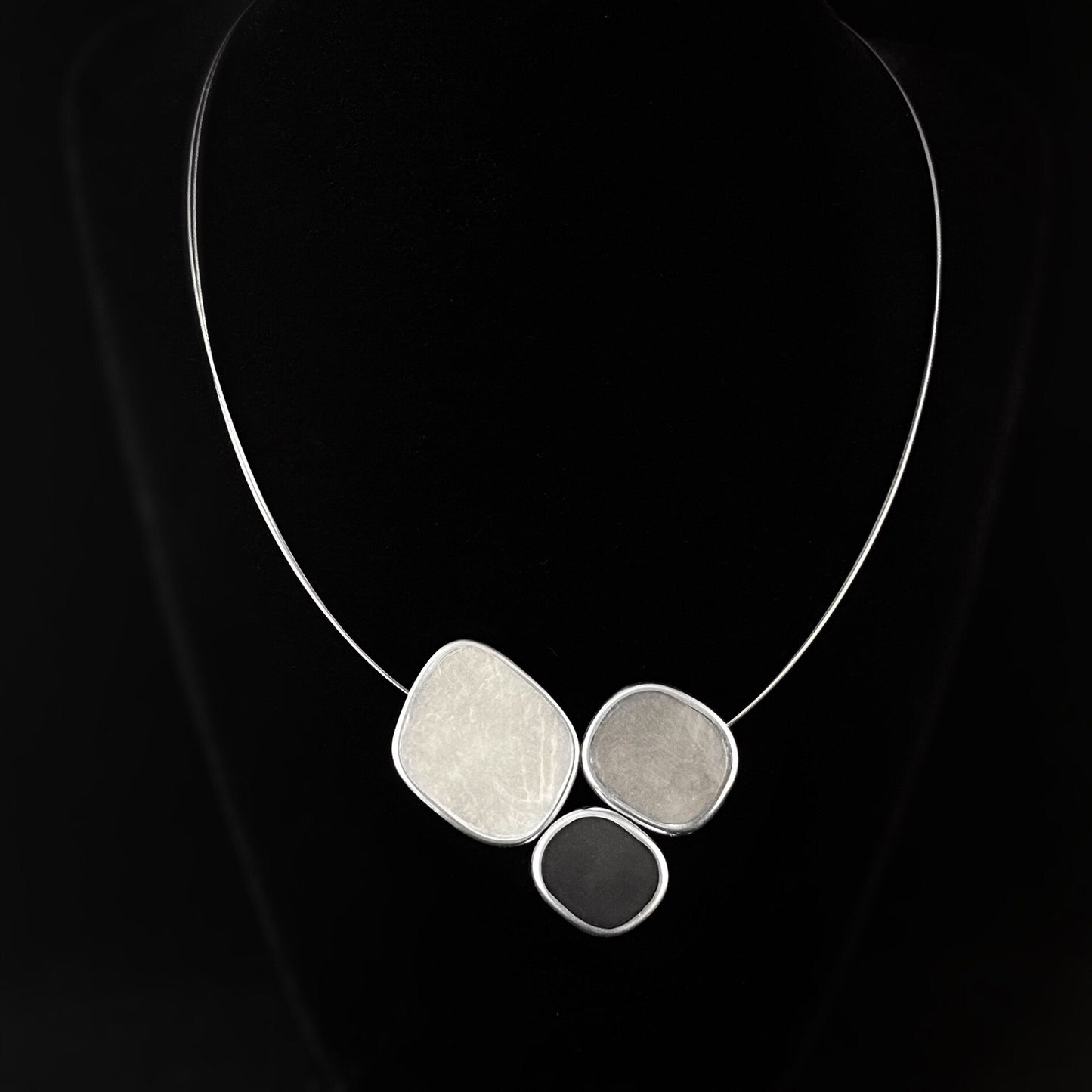 Handmade Resin and Shell Three Tone White/Gray Cluster Pendant Necklace, Hypoallergenic - Origin