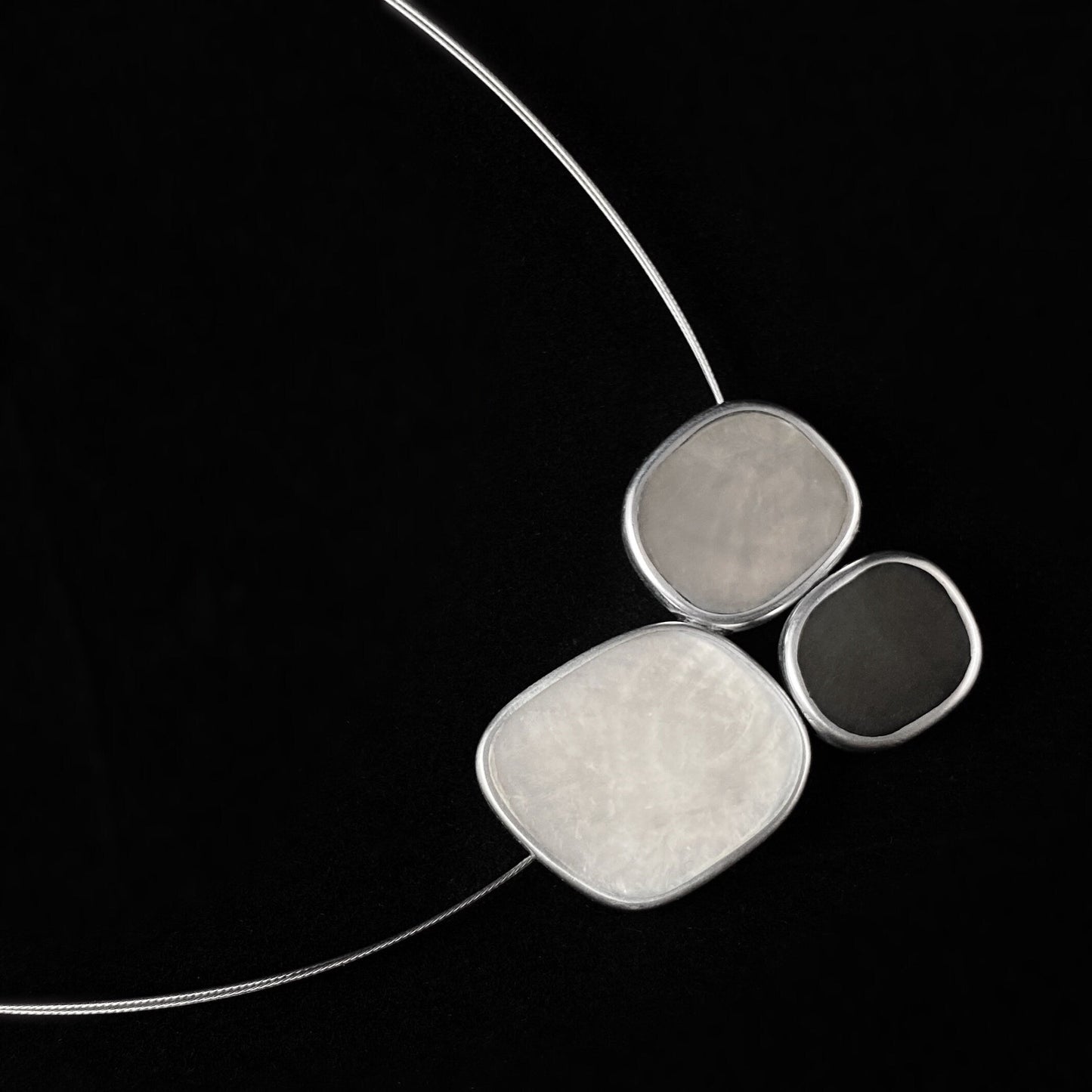 Handmade Resin and Shell Three Tone White/Gray Cluster Pendant Necklace, Hypoallergenic - Origin