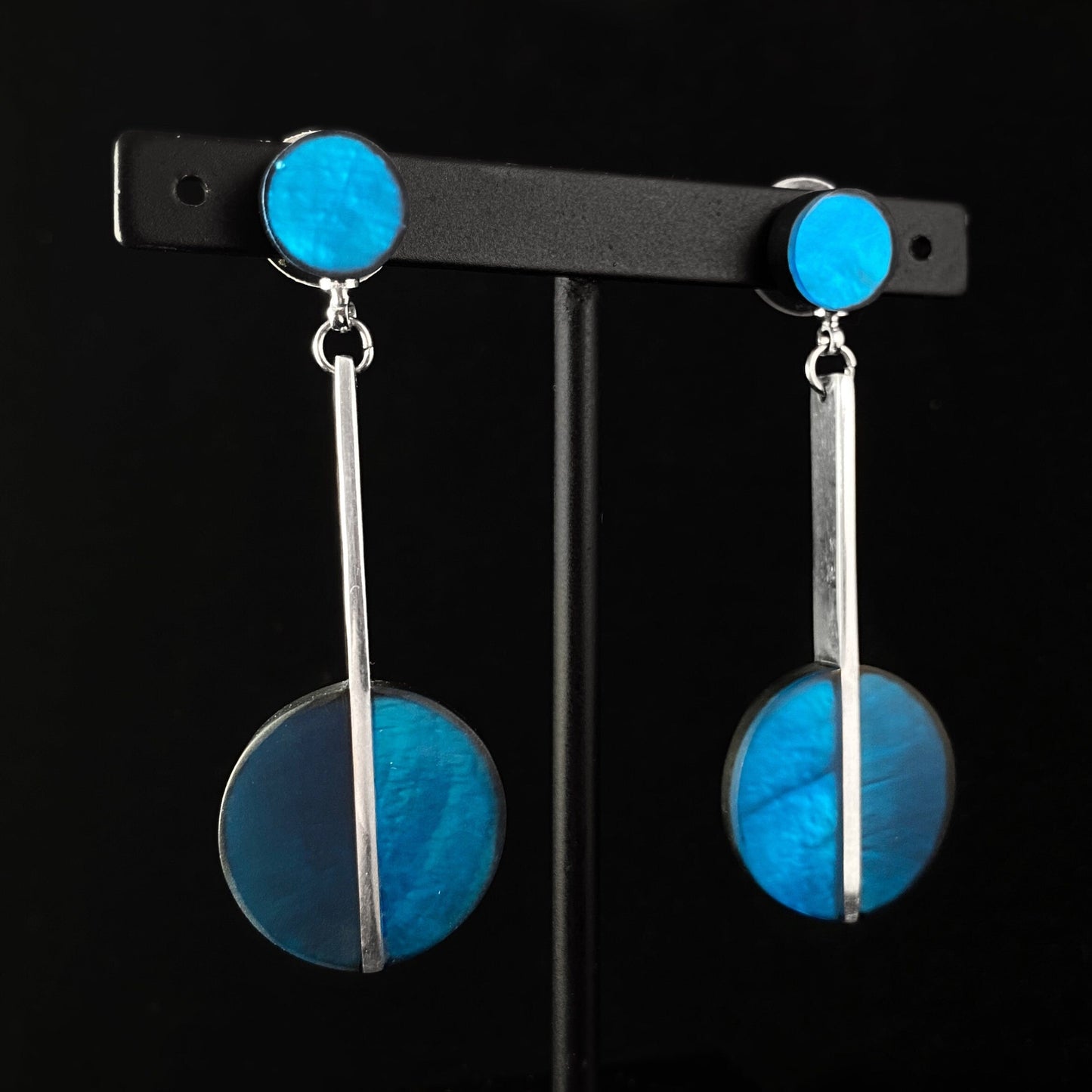 Handmade Resin and Shell Two Tone Sea Blue Circle Earrings, Hypoallergenic - Origin