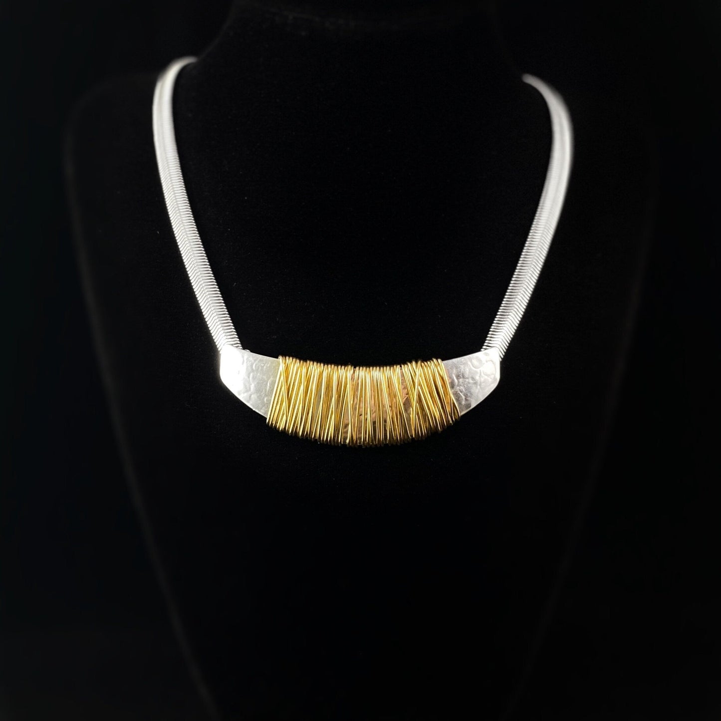 Handmade Silver Bar with Gold Wire Wrap Statement Necklace, Made in USA