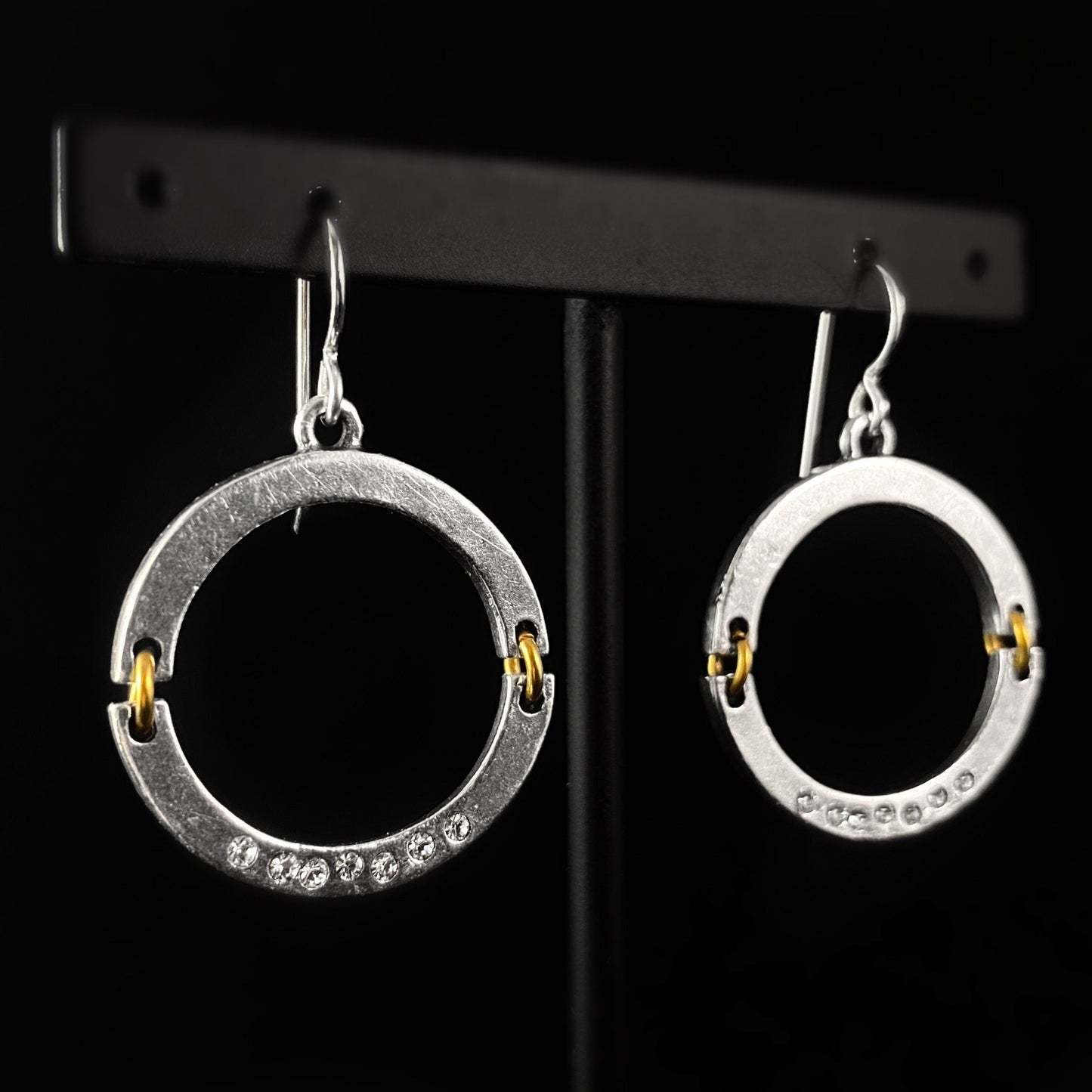 Handmade Silver Drop Earrings with Gold Accents & Crystals, Made in USA