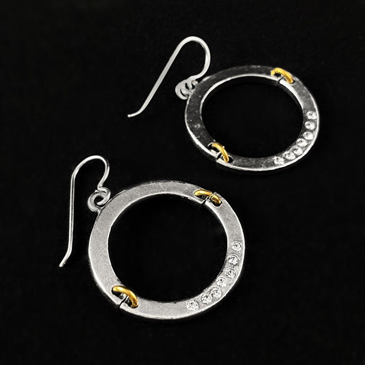 Handmade Silver Drop Earrings with Gold Accents & Crystals, Made in USA