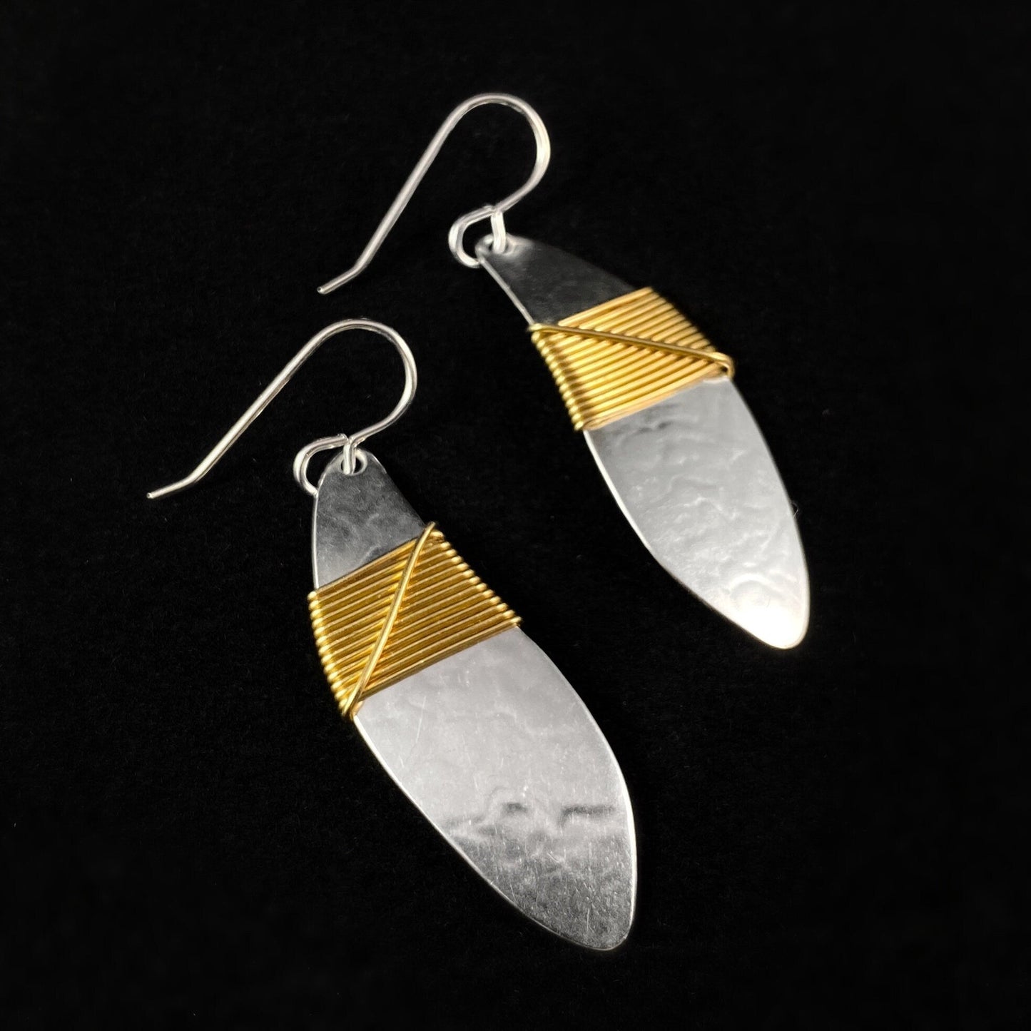 Handmade Silver Leaf with Gold Wire Wrap Dangle Earrings, Made in USA
