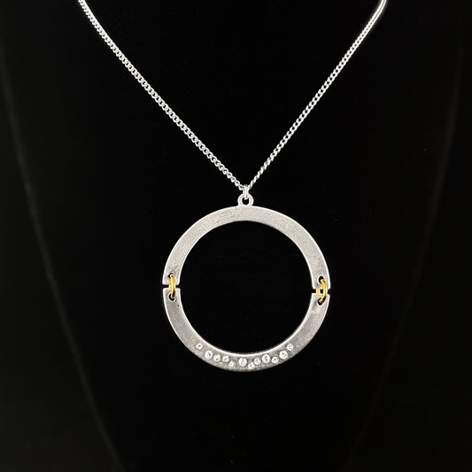 Handmade Silver Pendant Necklace with Gold Accents & Crystals - , Made in USA