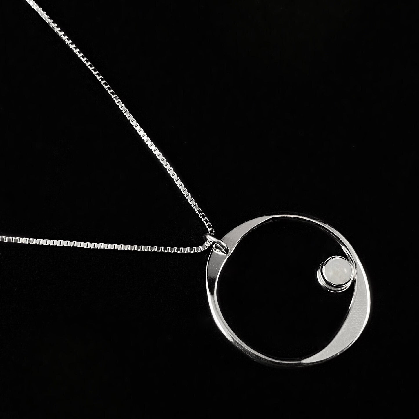 Handmade Sterling Silver Forged Circle Pendant Necklace w/ White Stone, Made in USA - Reflections