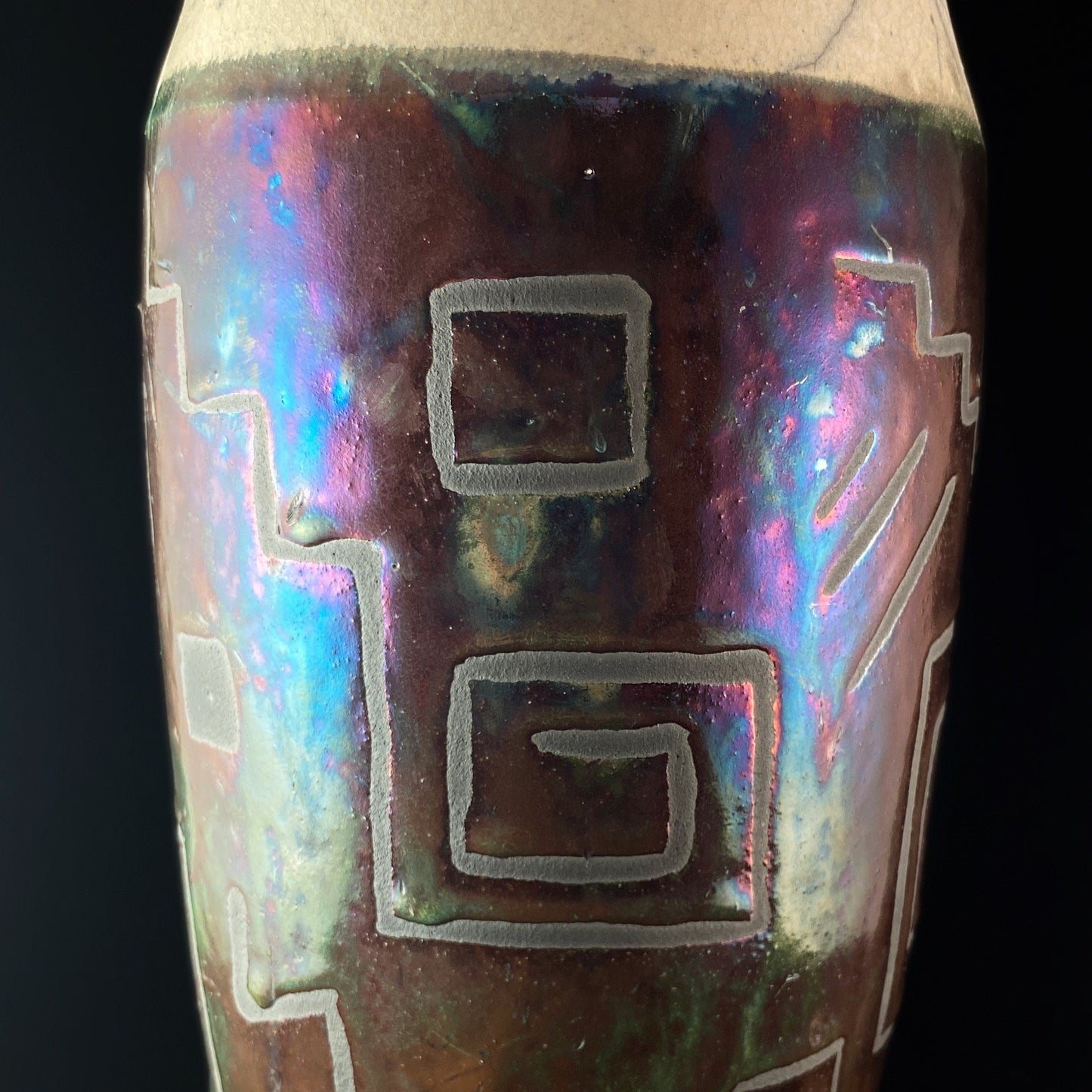 Handmade Wide Geometric Pattern Vase, Decorative Raku Pottery