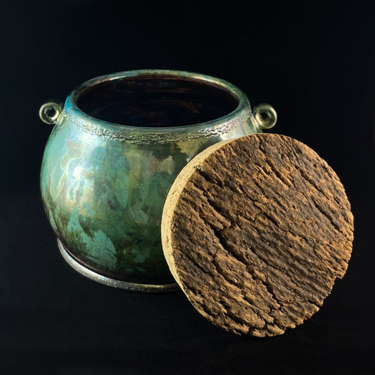 Handmade Wide Jar with Cork Lid and Tiny Handles, Decorative Raku Pottery