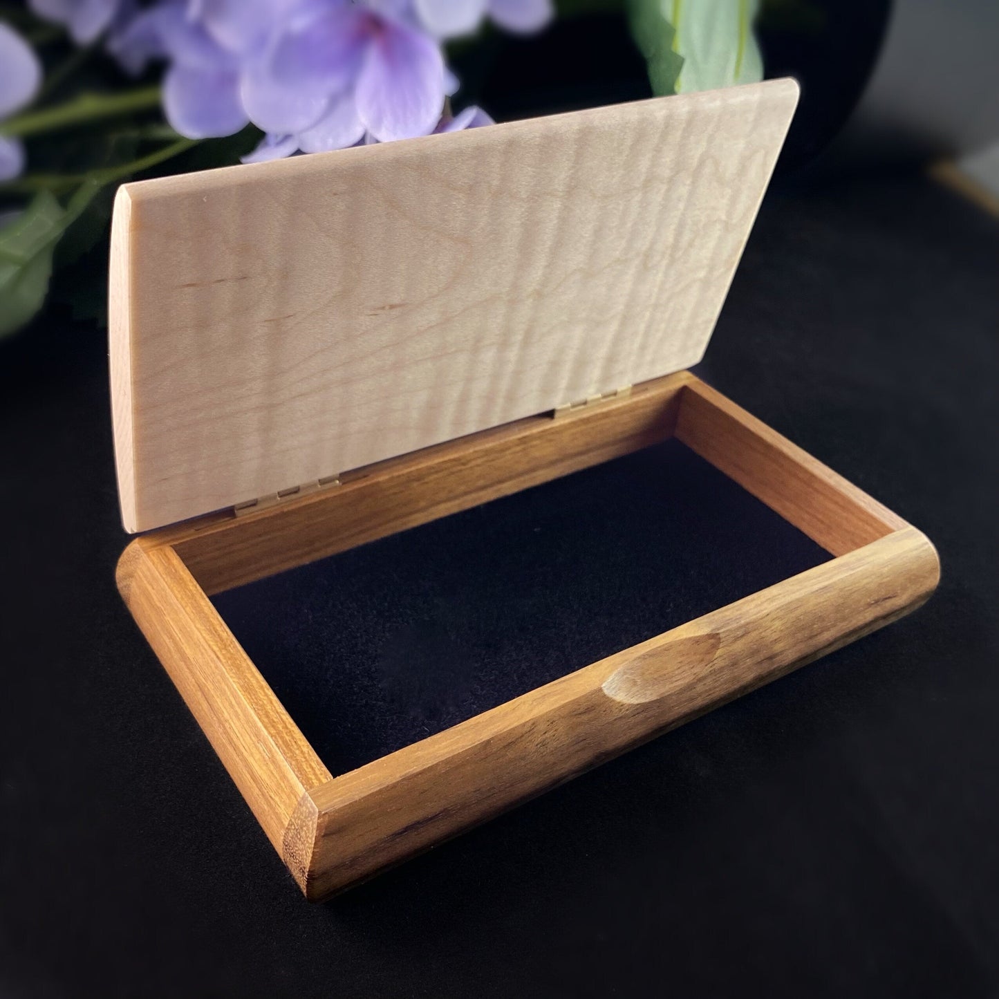 Handmade Wooden Box with Curly Maple and Shedua, Made in USA