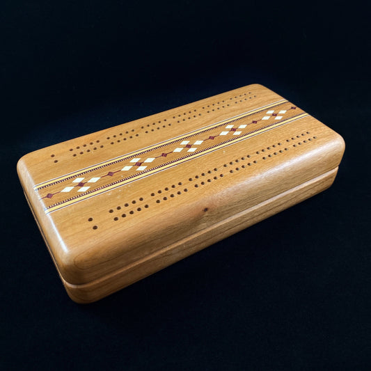 Handmade Wooden Cribbage Board with Cards and Pegs, Geometric Inlay - Cherry