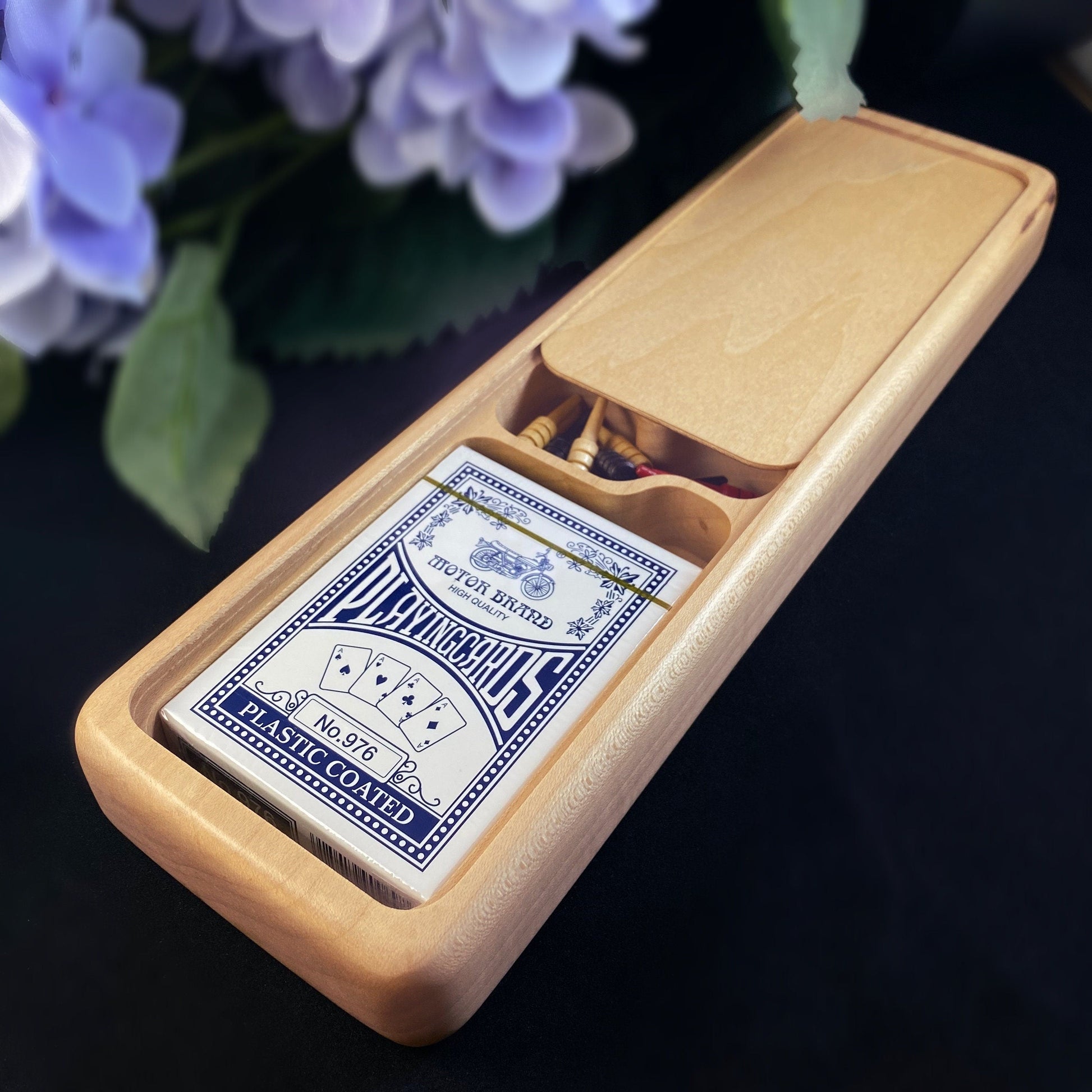 Handmade Wooden Cribbage Board with Cards and Pegs - Maple