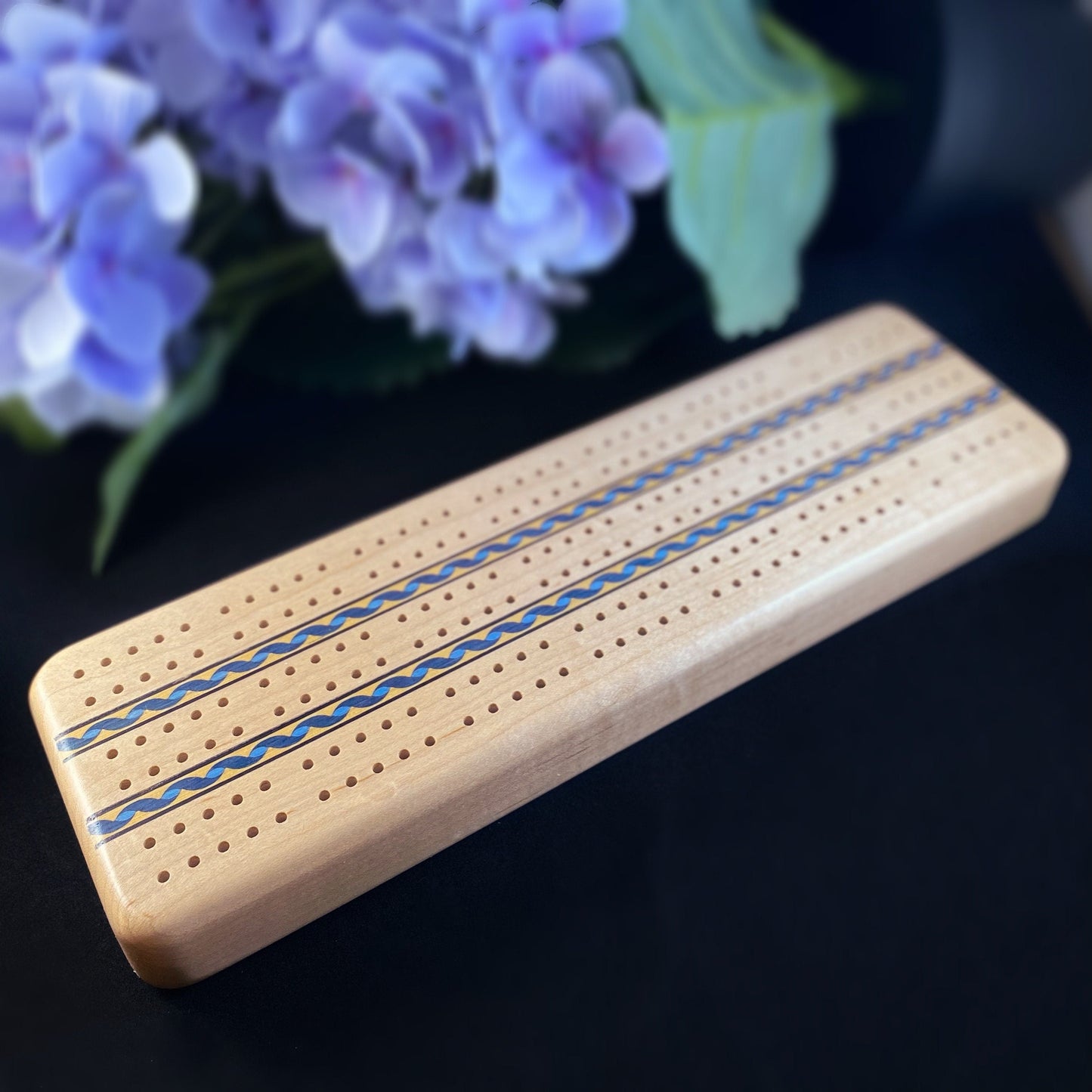 Handmade Wooden Cribbage Board with Cards and Pegs - Maple