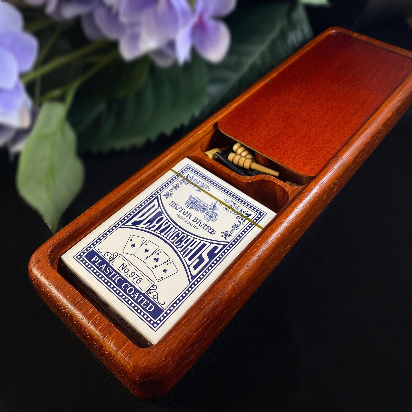 Handmade Wooden Cribbage Board with Cards and Pegs - Padauk