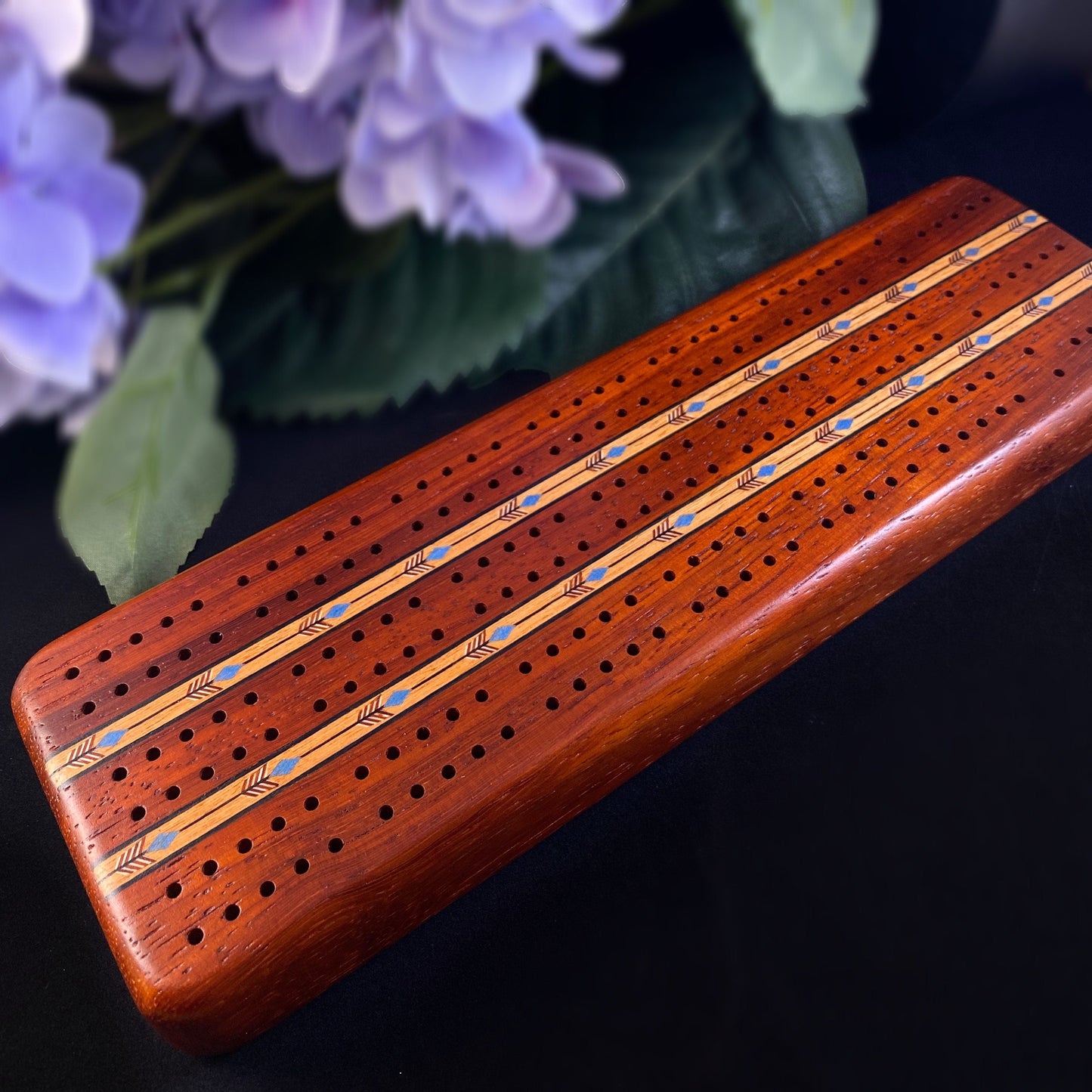 Handmade Wooden Cribbage Board with Cards and Pegs - Padauk