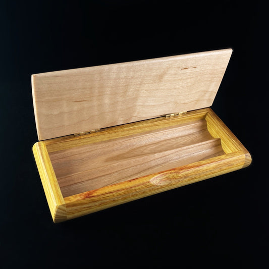 Handmade Wooden Pen Box for Two Pens with Canarywood, Cherry, Curly Maple - Made in USA