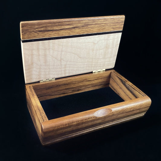 Handmade Wooden Treasure Box with Curly Maple, Shedua, Wenge - Made in USA