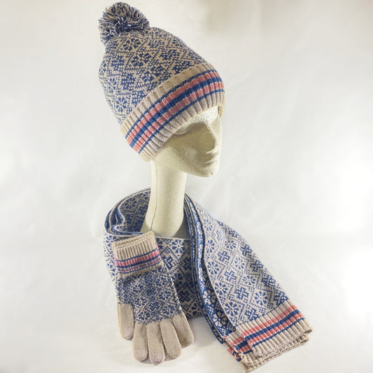 Hat, Scarf, and Gloves Set - Beige and Blue, Cozy Winter Accessories