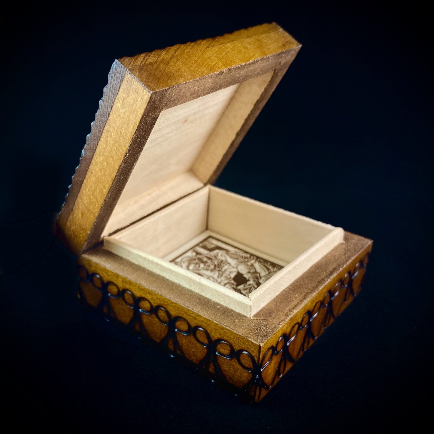 Hearts and Circles Medallion Patterned Jewelry Box, Handmade Hinged Wooden Treasure Box