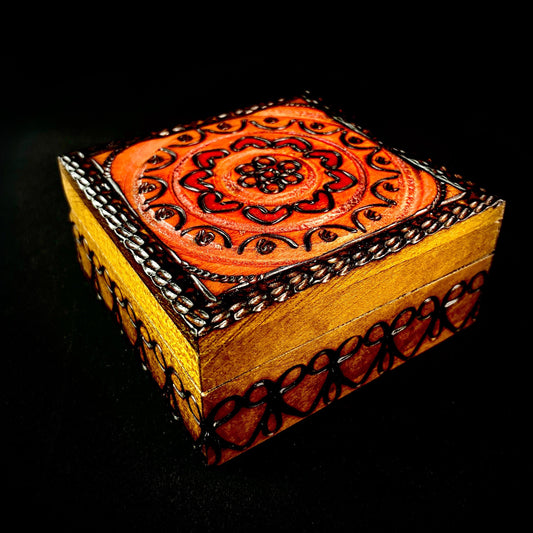 Hearts and Circles Medallion Patterned Jewelry Box, Handmade Hinged Wooden Treasure Box