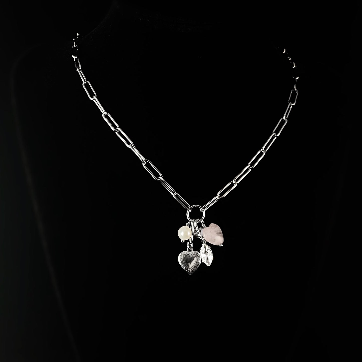 Hearts and Crystals Adjustable Silver Charm Necklace Maggie