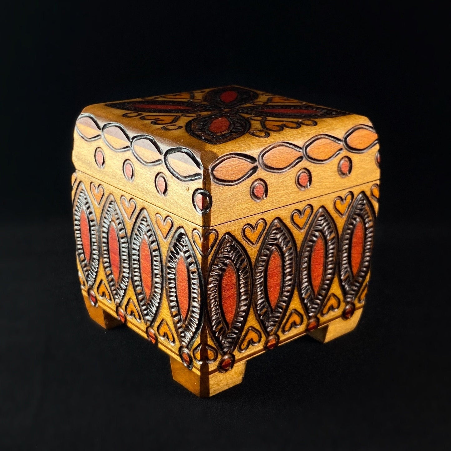 Hearts and Petals Jewelry Box with Footed Base, Handmade Hinged Wooden Treasure Box