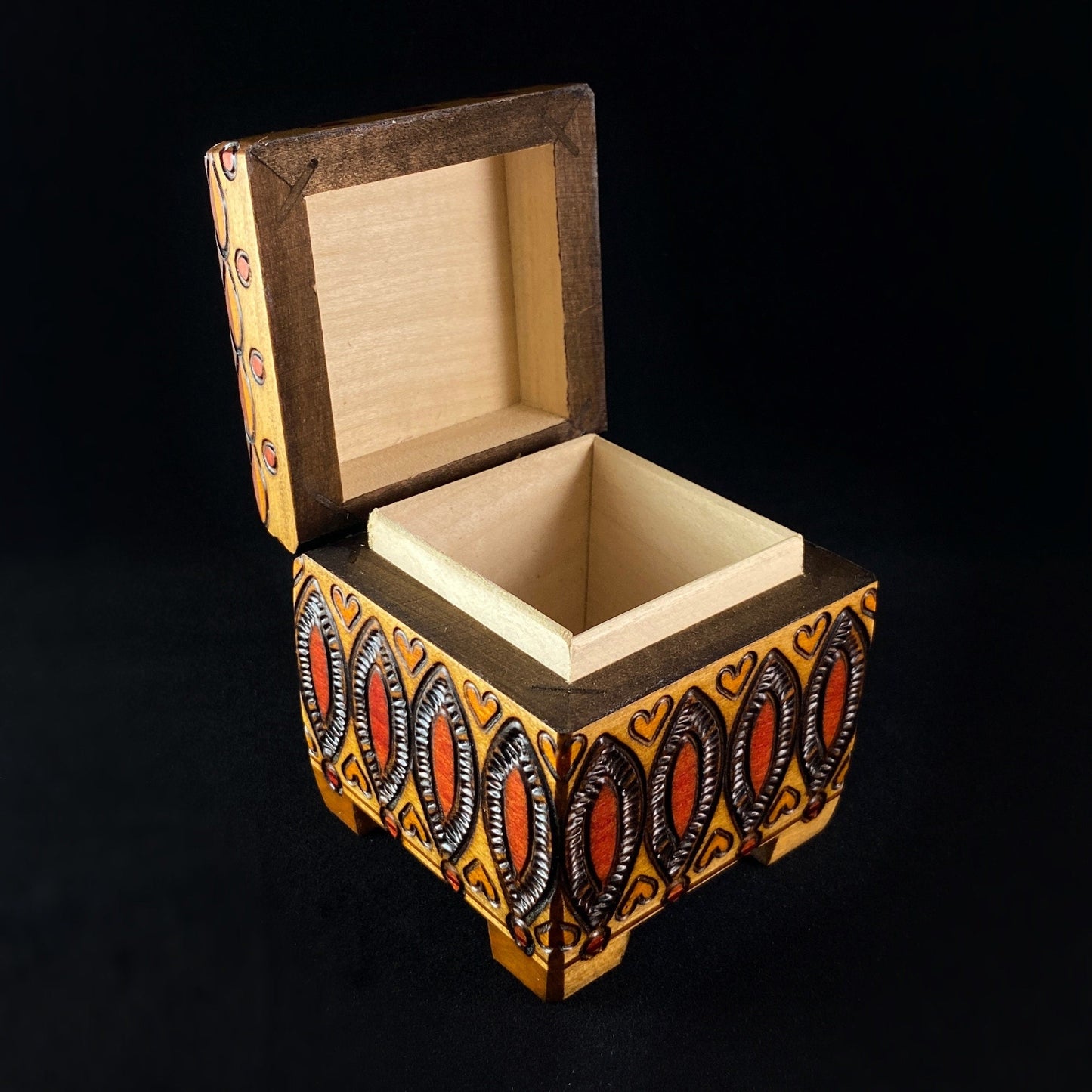 Hearts and Petals Jewelry Box with Footed Base, Handmade Hinged Wooden Treasure Box