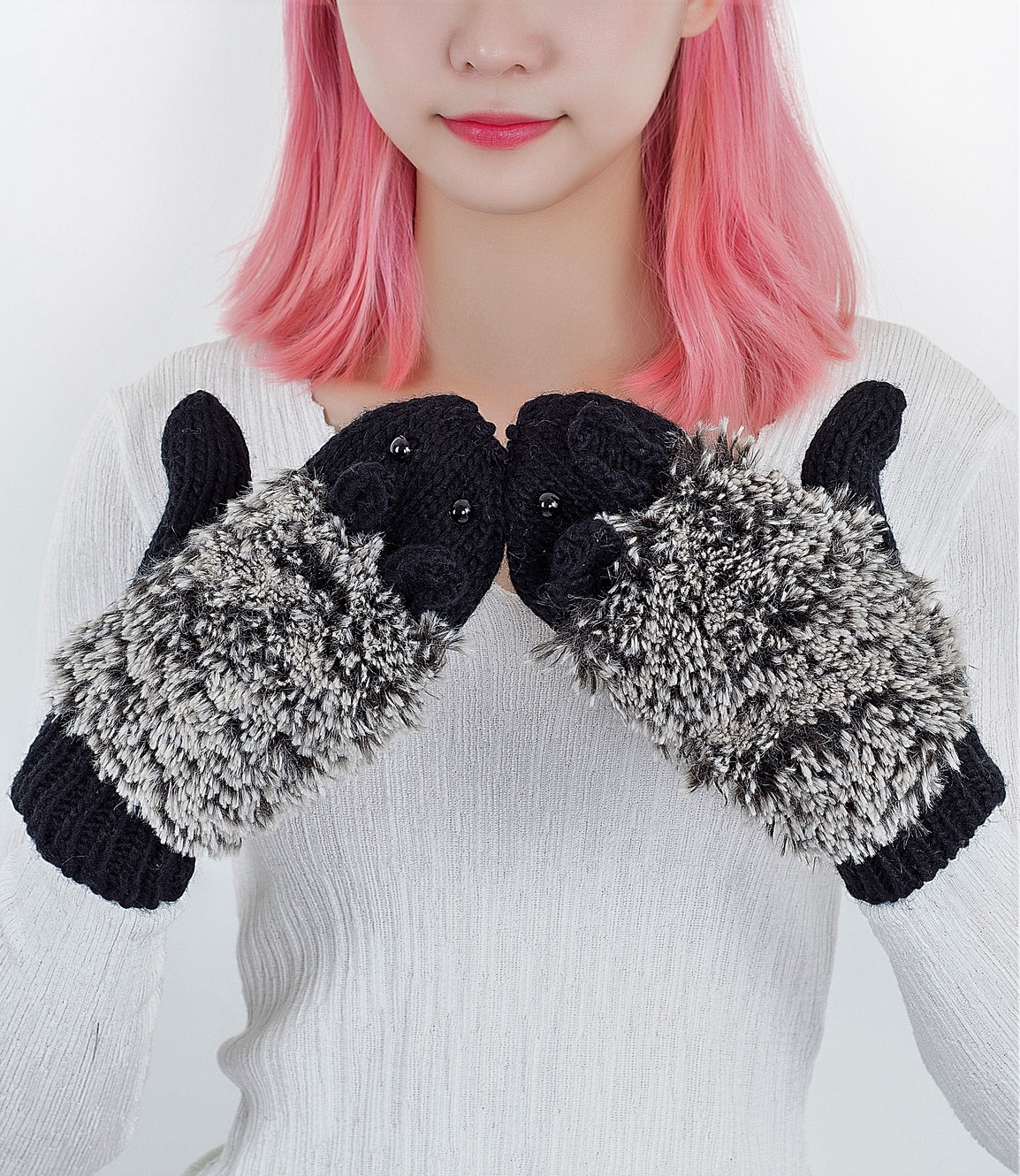 Fuzzy, Cozy, Warm Hedgehog Mittens - Black