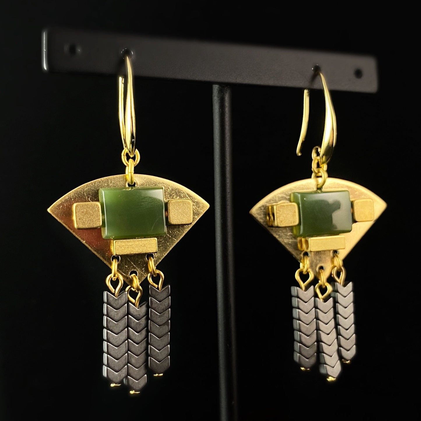 Hunter Green Vintage Glass Geometric Art Deco Drop Earrings - 18kt Gold Over Brass with Hematite, David Aubrey Jewelry