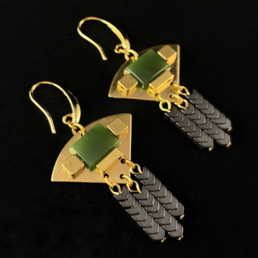 Hunter Green Vintage Glass Geometric Art Deco Drop Earrings - 18kt Gold Over Brass with Hematite, David Aubrey Jewelry