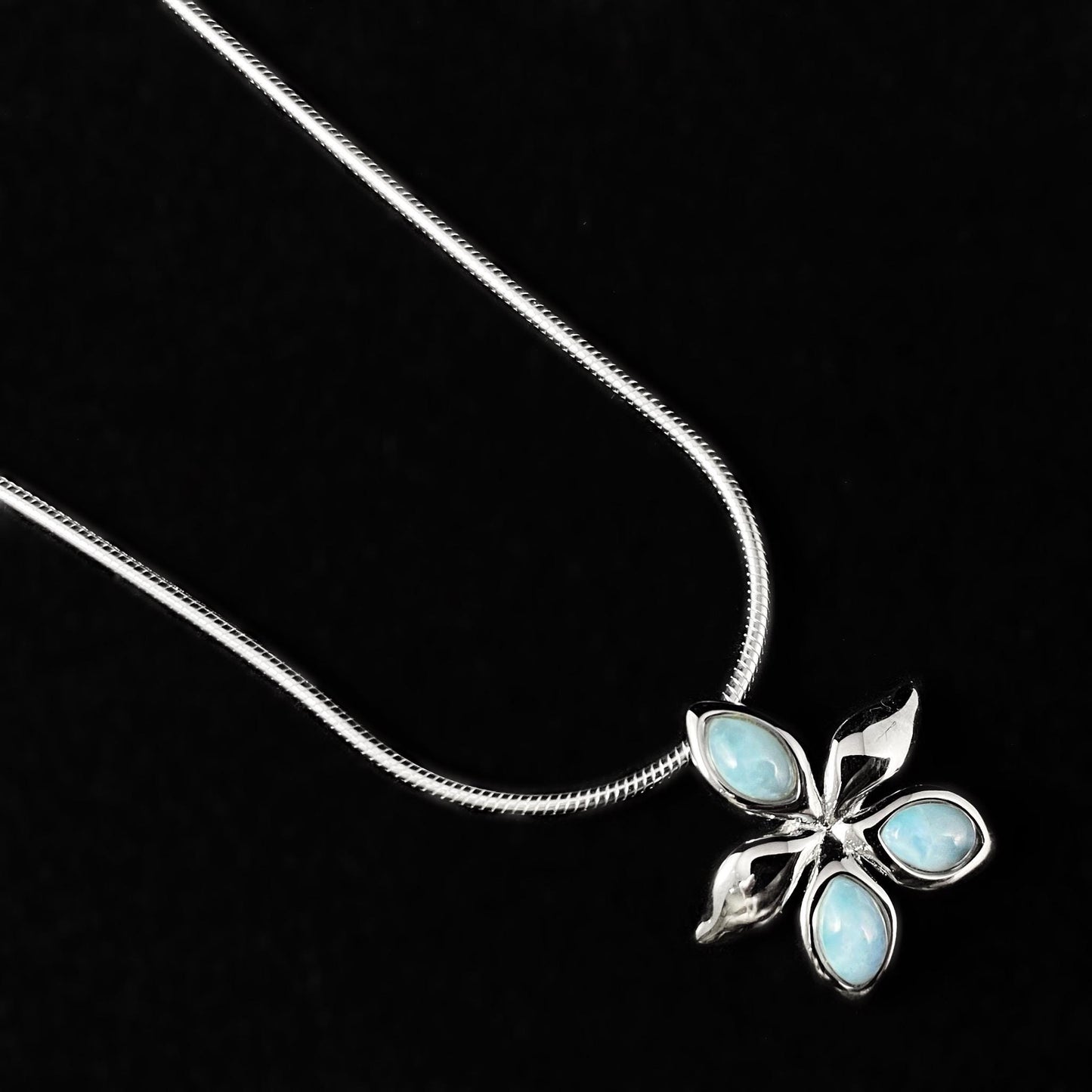 Sterling Silver Flower Necklace with Natural Larimar Stones