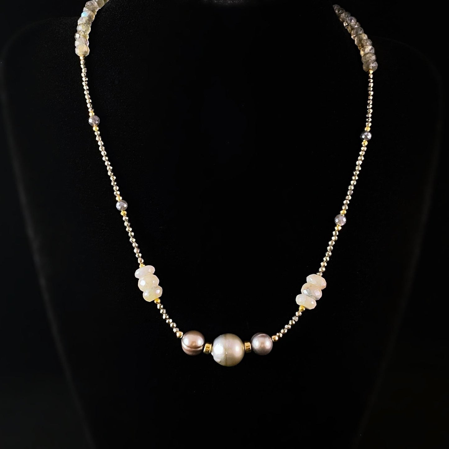 Tahitian Pearl, Freshwater Pearl, Silverlite, Labradorite, and Pyrite Necklace, Handmade in USA - Avaasi
