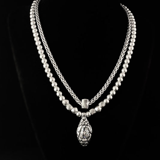 Silver Two Strand Necklace with Clear Crystal Snake Pendant, Handmade, Nickel Free - Noir