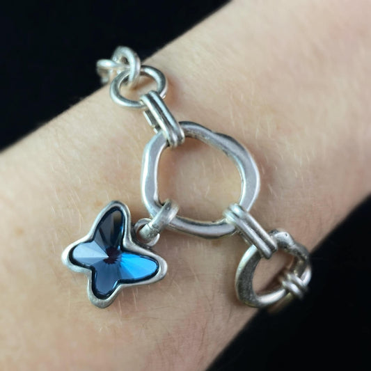 Silver Chain Link Bracelet with Blue Crystal Butterfly, Handmade, Nickel Free - Noir