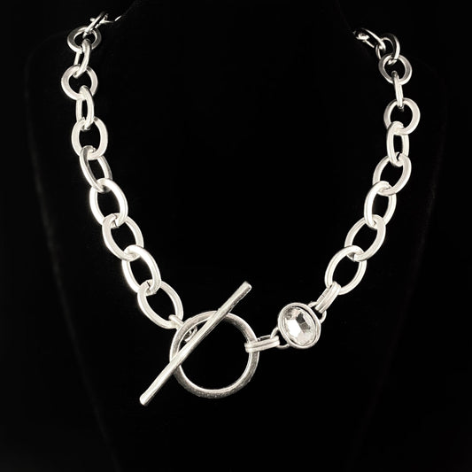 Chunky Chain Link Necklace with Clear Crystal and Toggle Closure, Handmade, Nickel Free - Noir